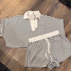Striped Black & White Polo Lounge Set - Women's